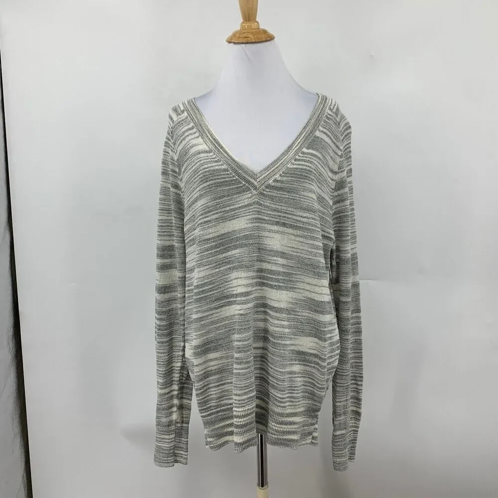 Moth Sweater Womens L Large Gray V Neck Knit Stripe Long Sleeve Anthropologie